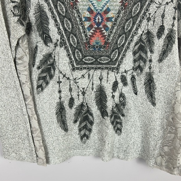 Vocal Aztec Southwestern Lace Long Sleeve Top Medium Grey - Picture 4 of 11